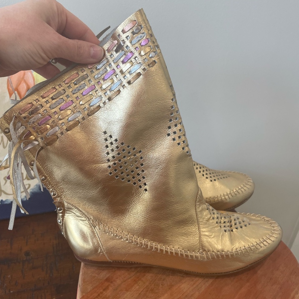 Vintage 80s Compulsion Leather Dress Gold Fringe Moccasins size 7.5M Brazil - Picture 6 of 14